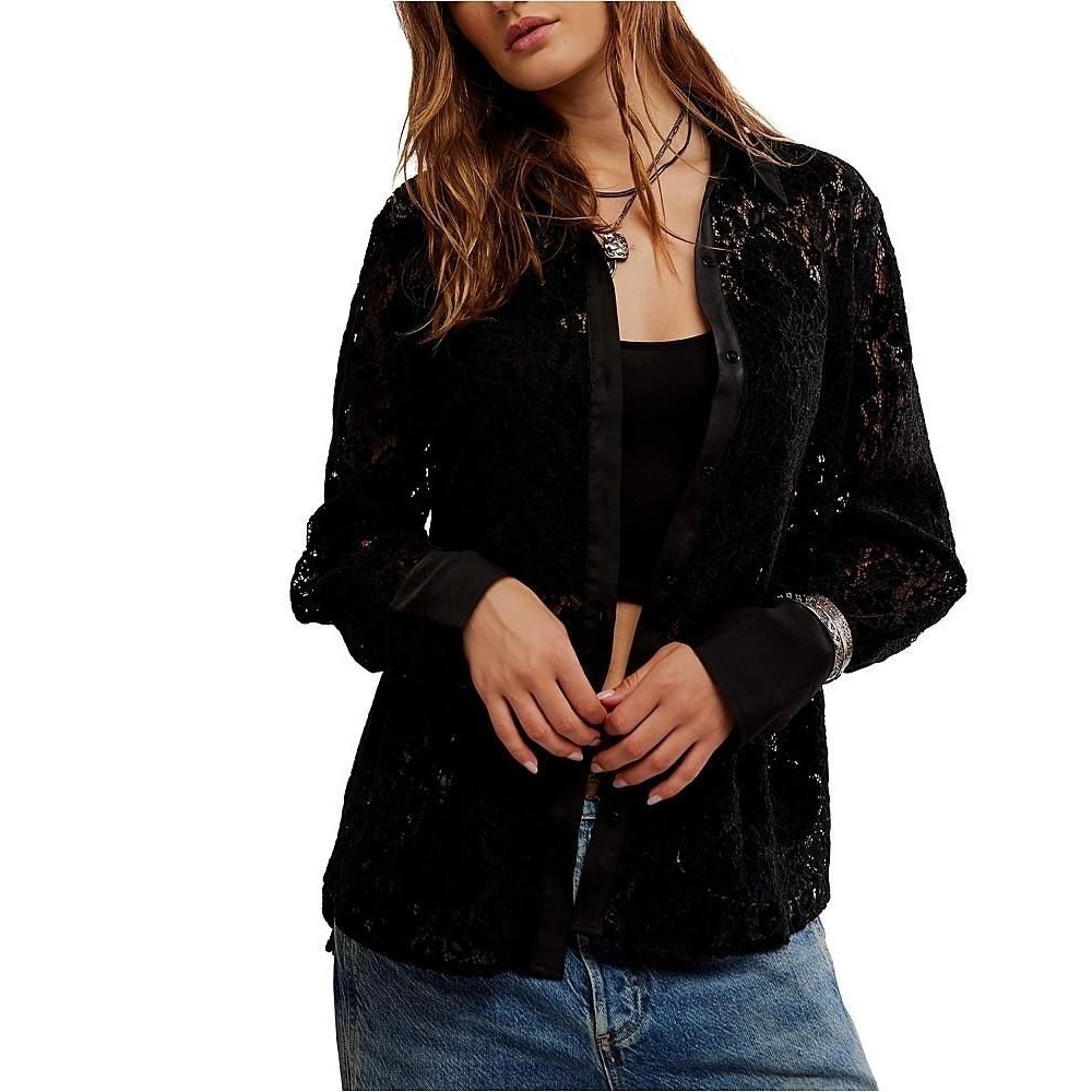 Free People Faith Lace Button Down Shirt Black Floral Sheer Blouse Long Sleeve